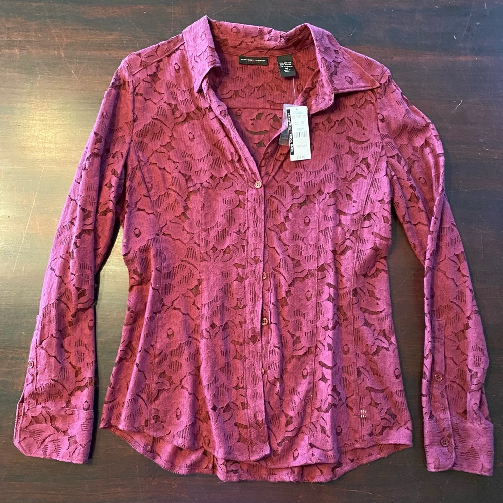 New York & Company Purple Lace Button-Down Shirt